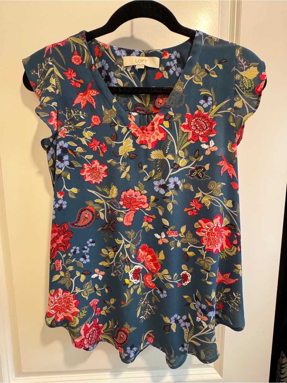 LOFT Teal Floral V-Neck Cap-Sleeve Blouse